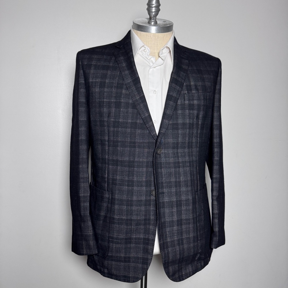 Vince Camuto Blazer Mens XXL Charcoal Grey Plaid Wool Blend Two Button Notch